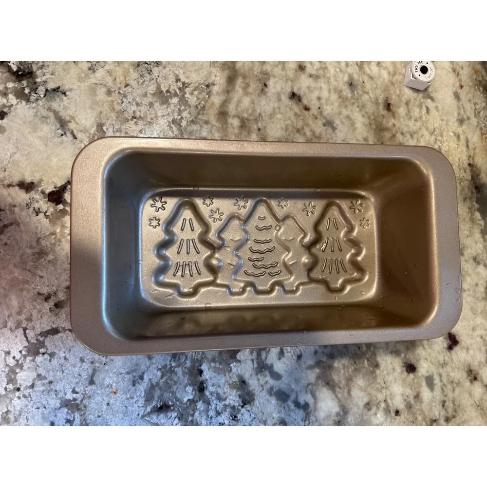 Champagne Gold Christmas Tree Snowflake Embossed Metal Loaf Pan 10x5 Holiday